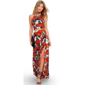 Lulu’s Back To Your Roots Red Floral Print Two-Piece Maxi Dress Women's Size‎ XS